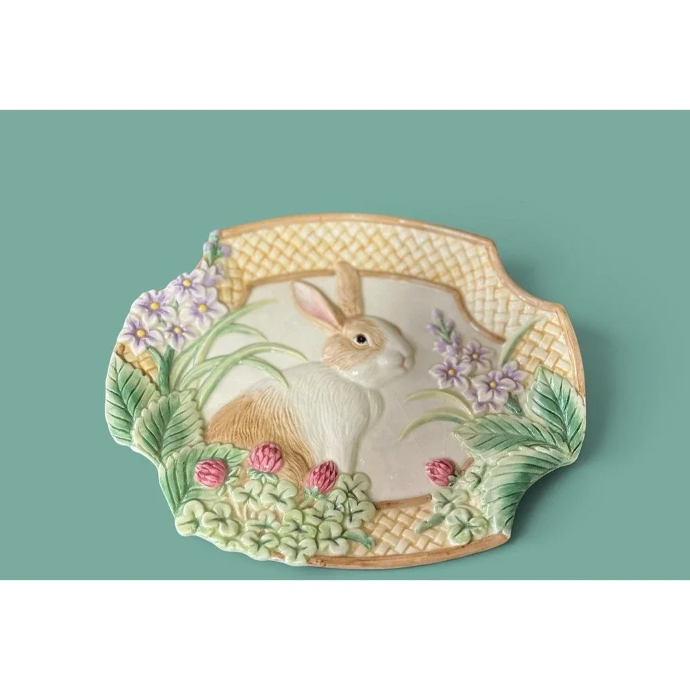 Fitz & Floyd Essentials Botanical Bunny Rabbit Canape Plate Dish Bowl Embossed
